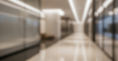 Fototapeta premium Abstract blurred corridor scene in a contemporary office space with reflective floors and clean lines, expressing simplicity, order, and an upscale corporate interior mood.