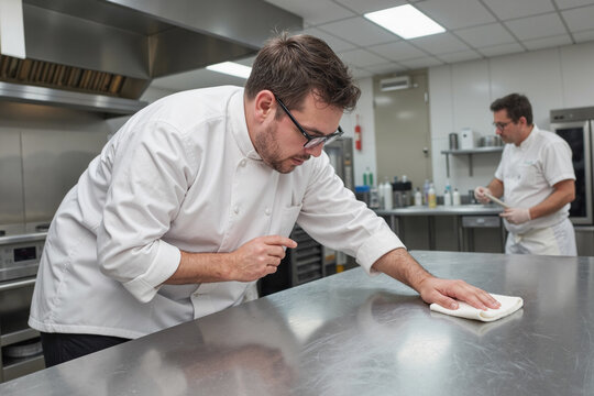 Caucasian middle aged man cleaning stainless steel countertop in professional kitchen, wearing chef uniform and glasses, another Caucasian middle aged man working in background