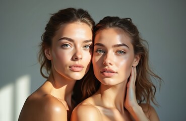 Obraz premium Two attractive young women with clear healthy skin and natural makeup pose together. They have glowing complexions and soft smiles against a neutral gray studio background.