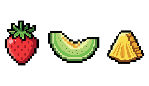 Pixel art fruits: strawberry, melon slice, pineapple wedge on white background