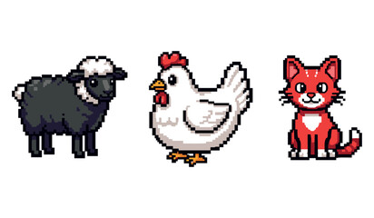 Obraz premium Pixel art trio: sheep, chicken, and cat in cute retro style