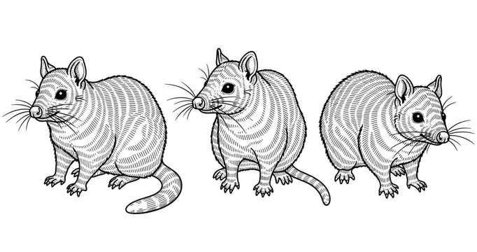 Three hand-drawn ringtail possums in detailed line art illustration