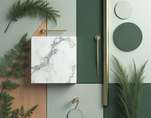 Obraz premium Flat lay arrangement with marble tile wood board and greenery. Gold hardware accents and color samples create sophisticated interior design mood board.