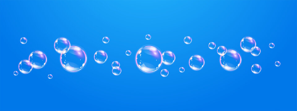 Realistic flying soap bubbles on blue sky background. Glossy volume rounded aqua droplet. 3D glass liquid shape with holographic effect. 3D vector illustration.