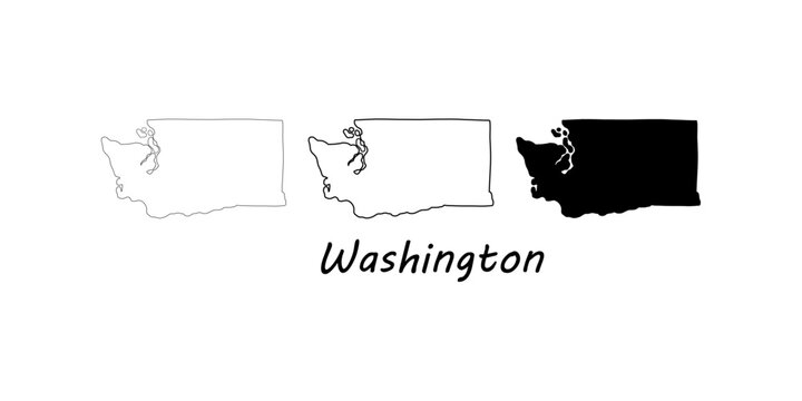 Minimalist vector illustration of Washington state map in three styles: outline, stroke, and solid fill, with "Washington" text label, monochromatic design.