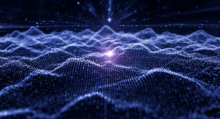 Abstract futuristic digital landscape featuring glowing wave grids and flowing data lines, symbolizing artificial intelligence, data networks, big data processing, and advanced technology concepts.