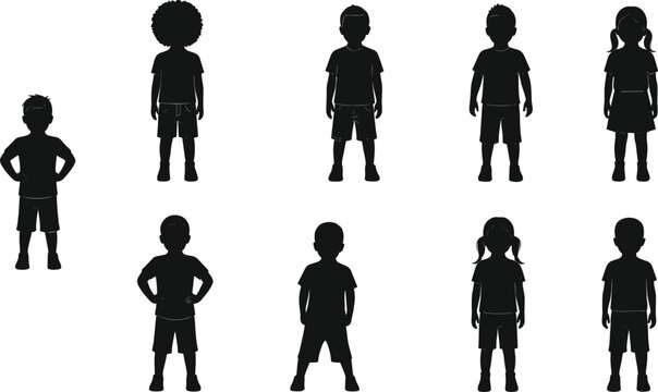 Kids silhouette characters set with different poses, boys and girls shadow figures, children standing vector illustration collection