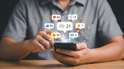Persons hands engaging with a glowing smartphone displaying social media notification icons on a wooden table in a digital communication concept