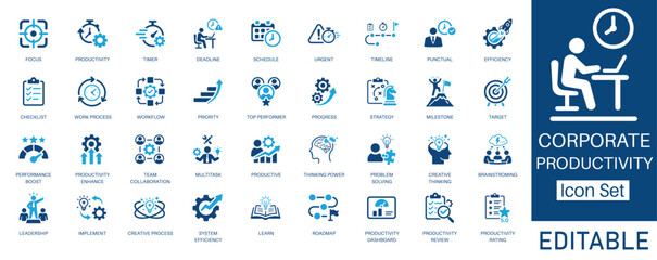 Corporate Productivity and Time Management solid icon set. Containing Efficiency, Deadline, Workflow, and Productivity Dashboard. Solid vector icons for process, strategy, and project management.