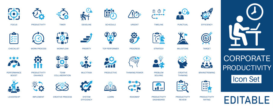 Corporate Productivity and Time Management solid icon set. Containing Efficiency, Deadline, Workflow, and Productivity Dashboard. Solid vector icons for process, strategy, and project management.