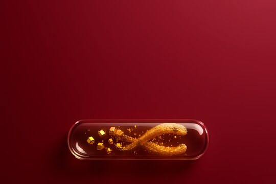 Liquid Gold Geometric Cubes in Glass Tube, Concept of Nanotechnology and Microscopic Blood Repair Systems