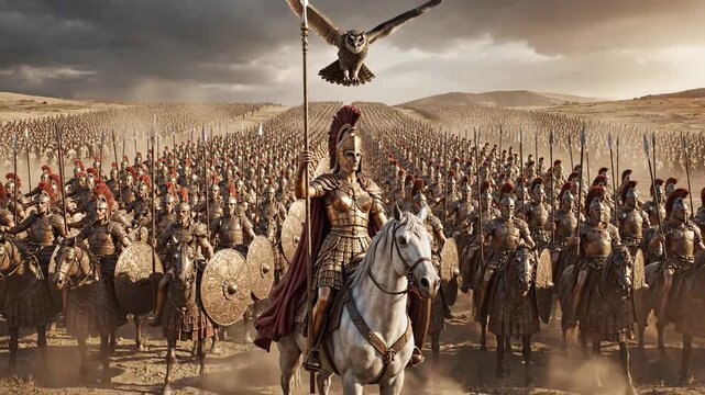 Epic Ancient Battle Scene with Warrior on Horseback Leading Army.