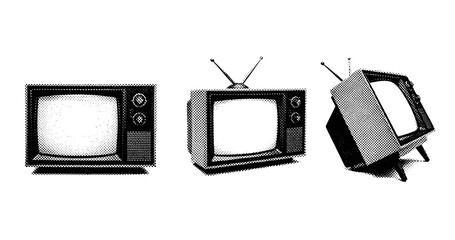 Obraz na płótnie Canvas Set of vintage televisions with antennas in halftone style