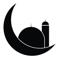 Creative islamic emblem featuring large crescent moon cradling mosque dome and minaret silhouette for ramadan kareem and eid festival branding identity projects