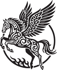 Obraz premium Majestic tribal winged horse in a dynamic rearing pose, showcasing intricate patterns