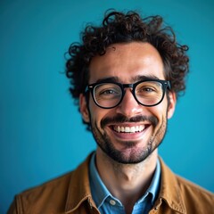 Obraz premium Young smiling man with curly dark hair, beard wears modern glasses. Looks directly at camera with friendly, confident gaze. Guy wears denim shirt, brown jacket on bright blue studio background.