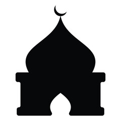 Stylized mosque building silhouette with pointed dome and archway entrance detail featuring crescent moon for islamic religious festivals and masjid signage art
