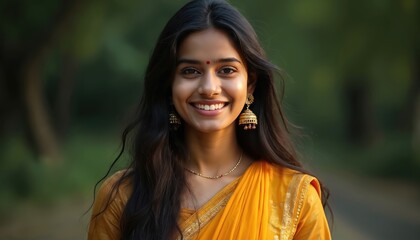 Obraz premium Young Indian woman wears yellow saree and jhumka earrings, smiles broadly. She has dark long hair, fair skin, and a bindi on her forehead. Outdoors setting with blurred green foliage.