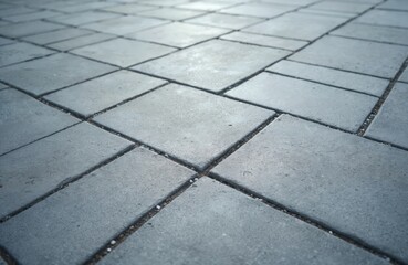 Gray concrete pavers form a modern pathway pattern. Rectangular stone blocks create a textured ground surface for city streets or urban walkways. This paving provides a clean, durable outdoor floor.