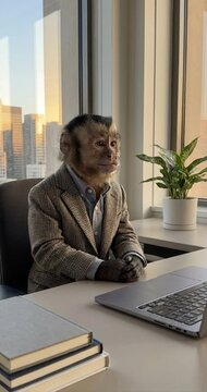 Primate in professional attire working at desk near window