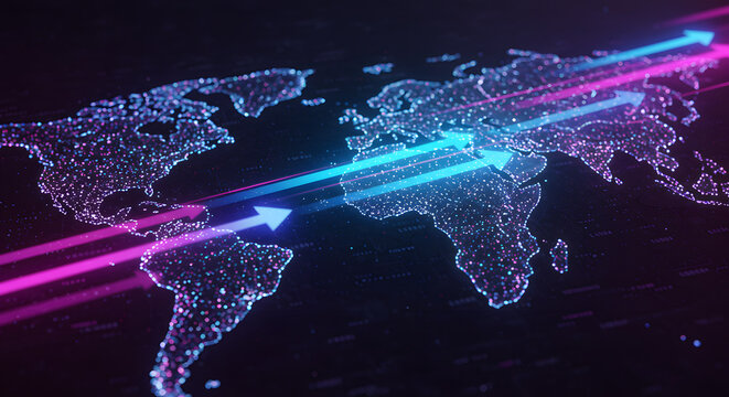 Global Trade and Data Flow Illustration with Glowing Arrows Moving Across World Map