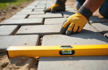 Obraz premium Gardener places paving stones on sand base for patio construction. Worker checks stone level with spirit level tool, building garden path. Outdoor DIY home improvement project with concrete blocks.