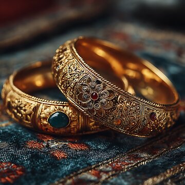 Two ornate gold bangles with gemstones on patterned fabric bracelets jewelry