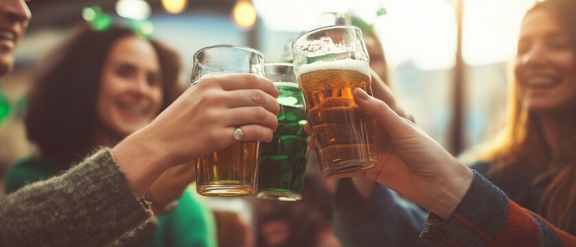 People cheering drinks together at St. Patrick&rsquo;s Day party, friendship and celebration concept
