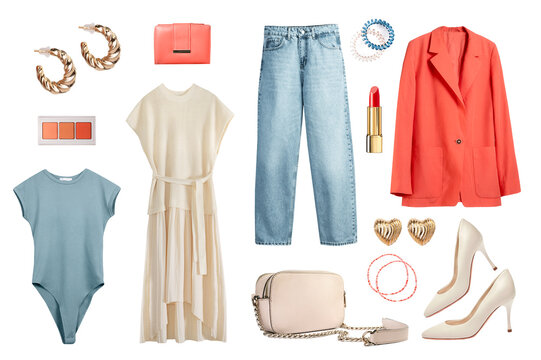 Women's clothes set, outfit isolated on white, female clothing spring style garment. fashion board.
