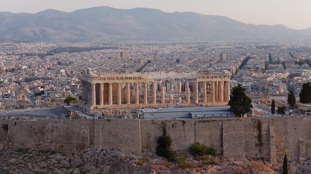 Parthenon temple on the Acropolis of Athens, Greece ancient Greek monument aerial drone