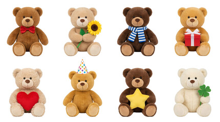Fototapeta premium Teddy Bear Collection Set Featuring Heart Gift Flower Star Scarf Soft Realistic Plush Toy Style