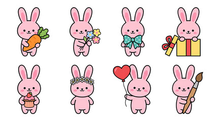 Obraz premium Pink Kawaii Bunny Characters Set with Carrot Flowers Gift Cupcake Heart Design Bold Outlines