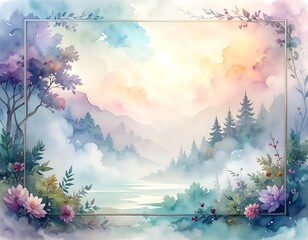 Whimsical watercolor landscape, soft hues, mountains, sky, floral border framing the view