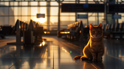 Ginger cat on leash walking through modern empty airport terminal with pet carrier nearby. Bright ambient light. 