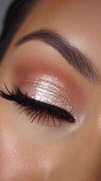 Close-up of a woman's eye with dramatic eyelashes and shimmering eyeshadow, showcasing gradual eye makeup application in a beauty setting