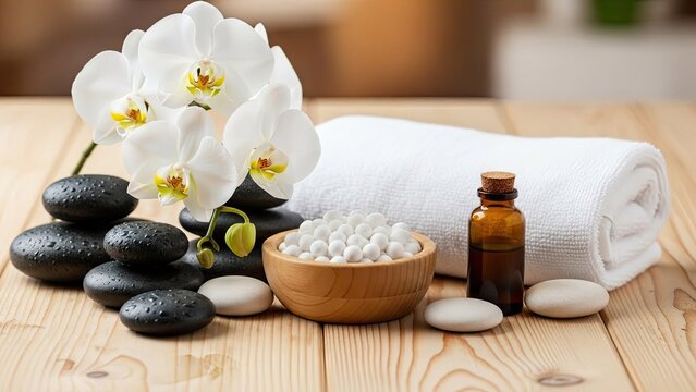 A serene spa setup with orchids and stones on a wooden table