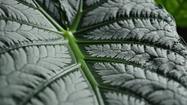 Close up of an alocasia leaf showing intricate leaf patterns