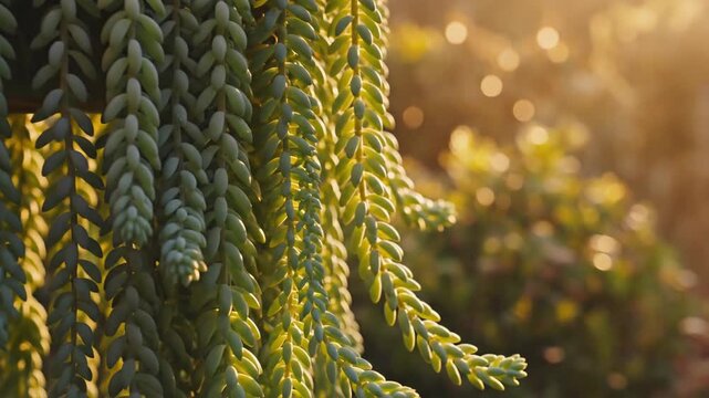 Close up of hanging Burros Tail succulent plant in sunlight