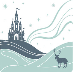 Fototapeta premium Minimalist winter landscape vector with grey castle and deer silhouette
