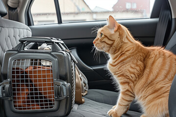 Ginger cat on back seat of car beside travel bag and soft pet carrier. Cozy car interior, daylight. Concept: pet travel. No people or logos.