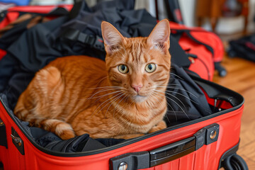 Ginger cat in an open red suitcase filled with clothes, next to a closed pet carrier. Cozy room, natural light. Concept: pet travel. No people or logos.