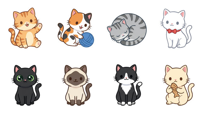 Cute cat character set including orange tabby, calico, sleeping grey, white with bow, black, siamese, tuxedo, and cream with fish isolated. Kawaii pet illustration collection.