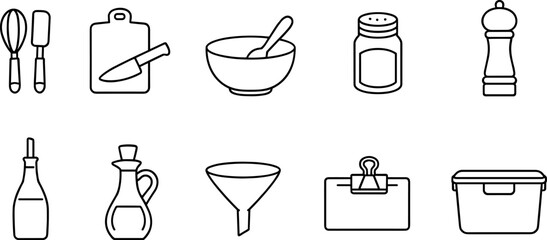 Collection of kitchen utensil icons in a clean, modern line art style