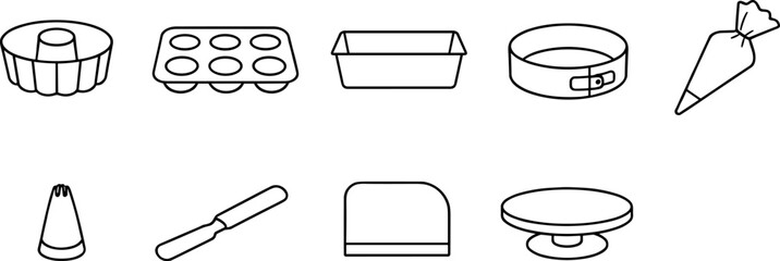 Collection of baking tools and equipment icons for pastry and cake making