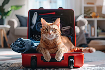 Ginger cat in an open red suitcase filled with clothes, next to a closed pet carrier. Cozy room, natural light. Concept: pet travel. No people or logos.