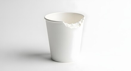 White paper cup with a bite taken out on a plain white background