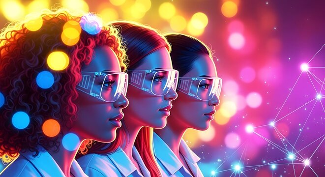 Three women in futuristic glasses with colorful neon lights around them in a row profile view