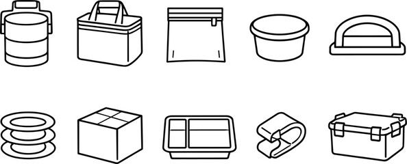 Collection of line art icons representing various food containers and storage solutions © Vitechek
