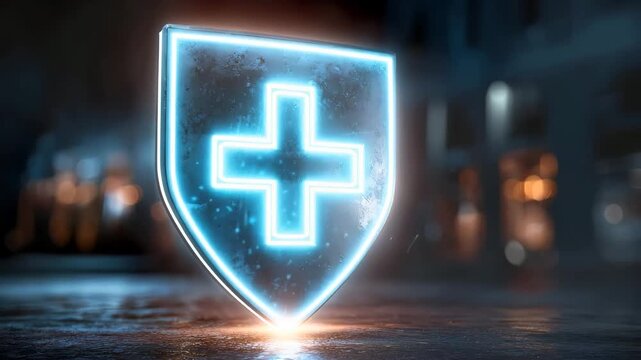 Glowing blue shields with cross symbols appear and transform in a dark cityscape at night