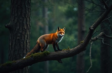 Fototapeta premium Red fox stands on mossy tree branch in dark forest setting. Wild animal looks alert, observing woodland habitat. Fox predator in natural environment, beautiful mammal, part of wild nature scene.